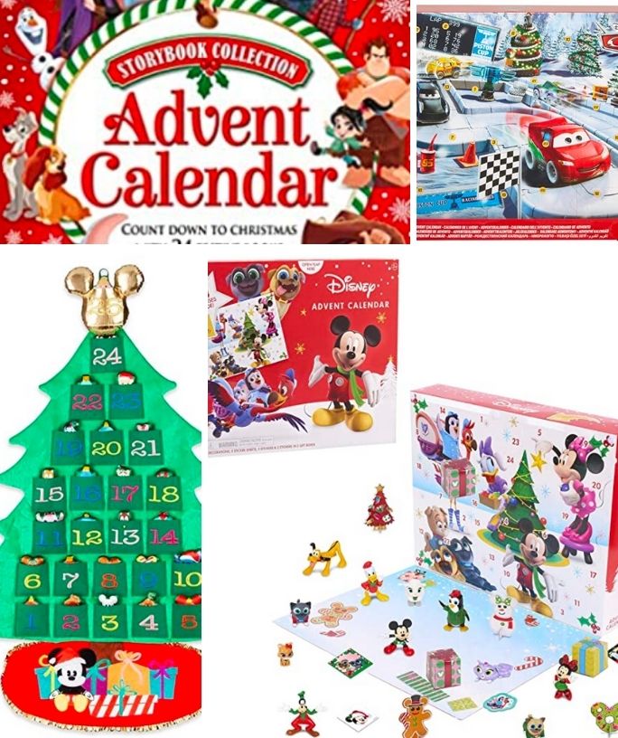 collage image of various Disney-themed advent calendars for the holidays