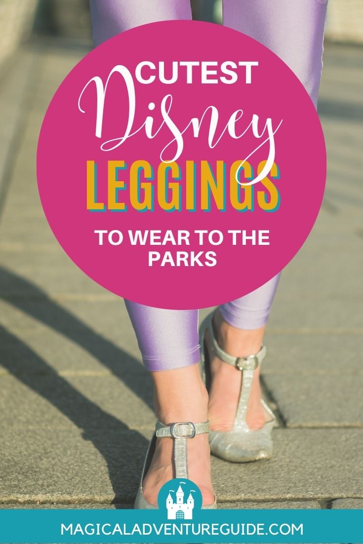 lower half of a woman's legs, clad in light purple leggings, walking through a theme park