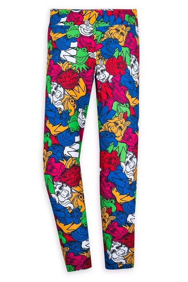 Brightly colored pair of leggings featuring faces of Kermit, Miss Piggy, Fozzie Bear, and Gonzo.