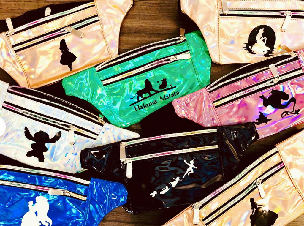 shimmery fanny packs in multiple colors, each personalized with a logo design.