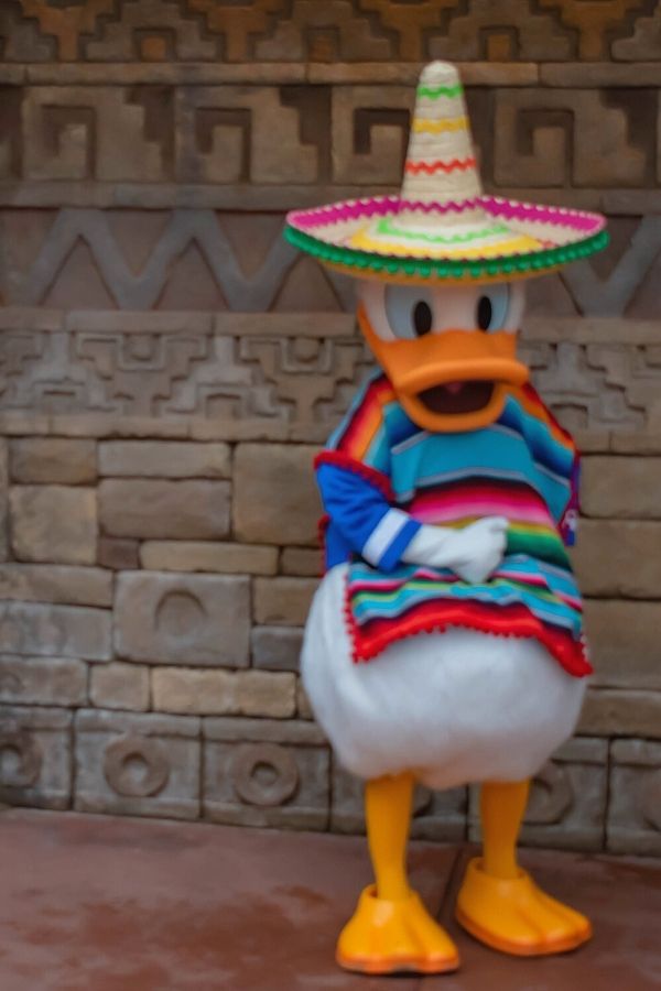 Donald in a Three Caballeros outfit in the Mexico Pavilion at Epcot, near Cantina de san Angel