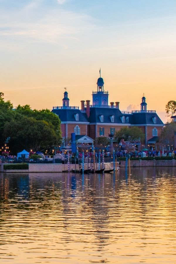 America Pavilion at Epcot, where Regal Eagle is located, as viewed from over the lagoon