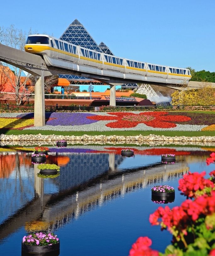Monorail at Epcot in front of the Imagination Pavilion