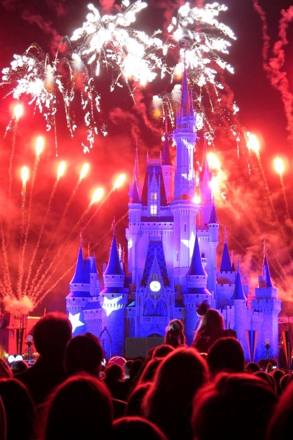 firework show behind Cinderella's Castle at the Magic Kingdom in Disney World