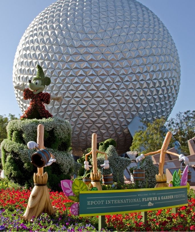Spaceship Earth, a topiary Mickey, and a sign for the Flower and Garden festival at Epcot