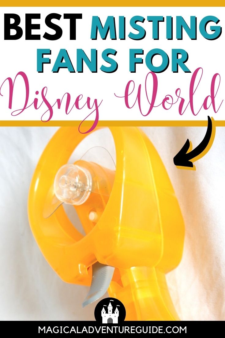 an image of a yellow-orange misting fan for Disney World, with an overlay that reads, "Best Misting Fans for Disney World"