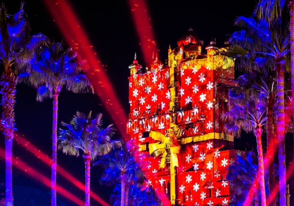 lights displayed on the Hollywood Tower Hotel at Hollywood Studios, making it appear to be a wrapped Christmas present