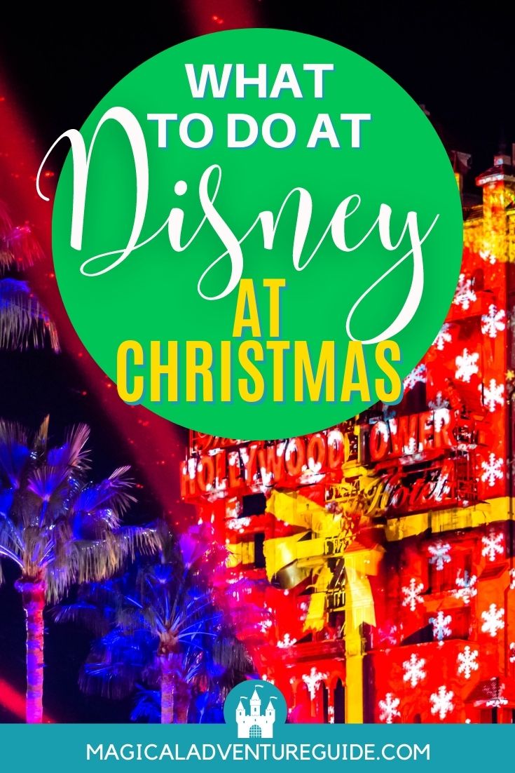 Hollywood Tower of Terror with lights displayed on it during Christmas at Hollywood Studios in Disney World, making it look like a Christmas present