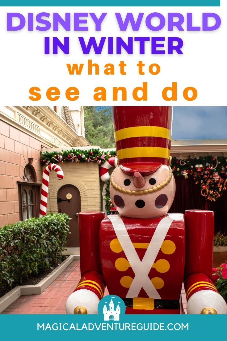 a wooden nutcracker on display at Magic Kingdom in the winter