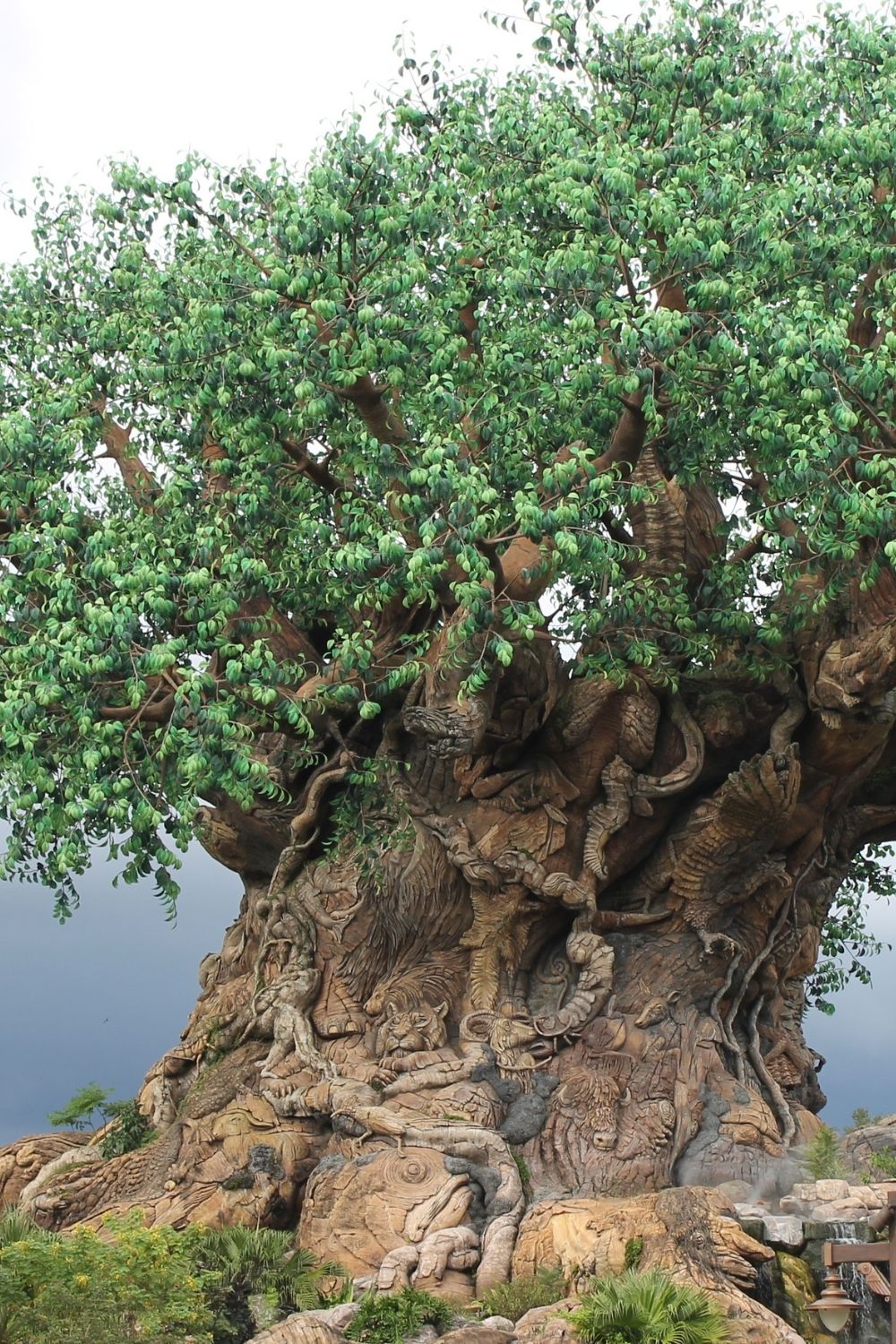 tree of life at Disney's animal kingdom, with dark gray clouds looming in the background