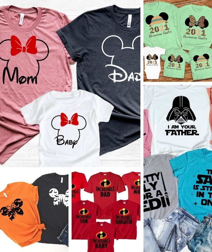 collage image featuring various disney family shirt options