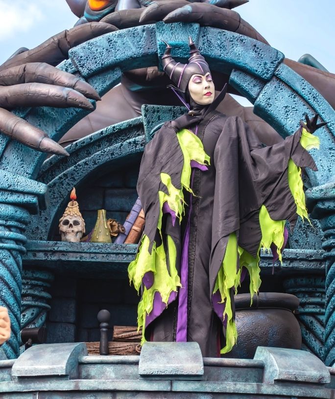 Maleficent on a parade float at Disney World