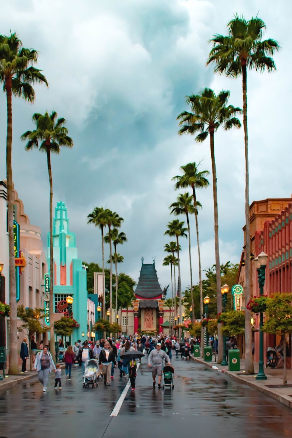 A rainy day at Hollywood Studios, showing how the weather in April at Disney World can be somewhat cooler with occasional showers