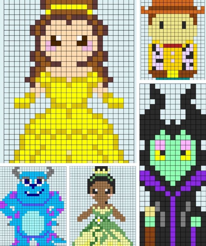 collage image featuring 5 free Disney Perler bead patterns