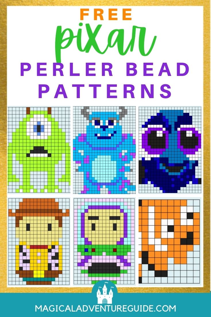 collage image featuring Disney Pixar Perler bead patterns