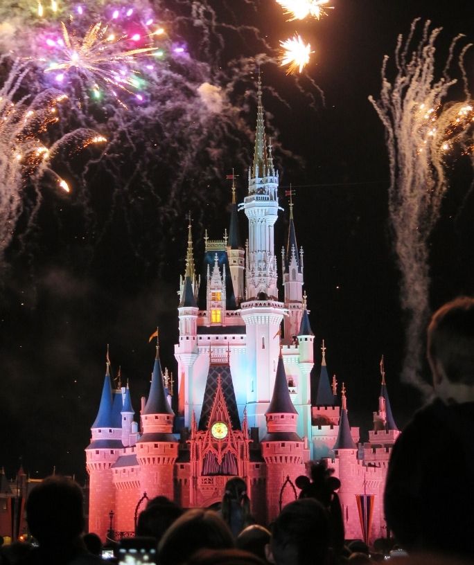 Cinderella's Castle in the night, with fireworks overhead