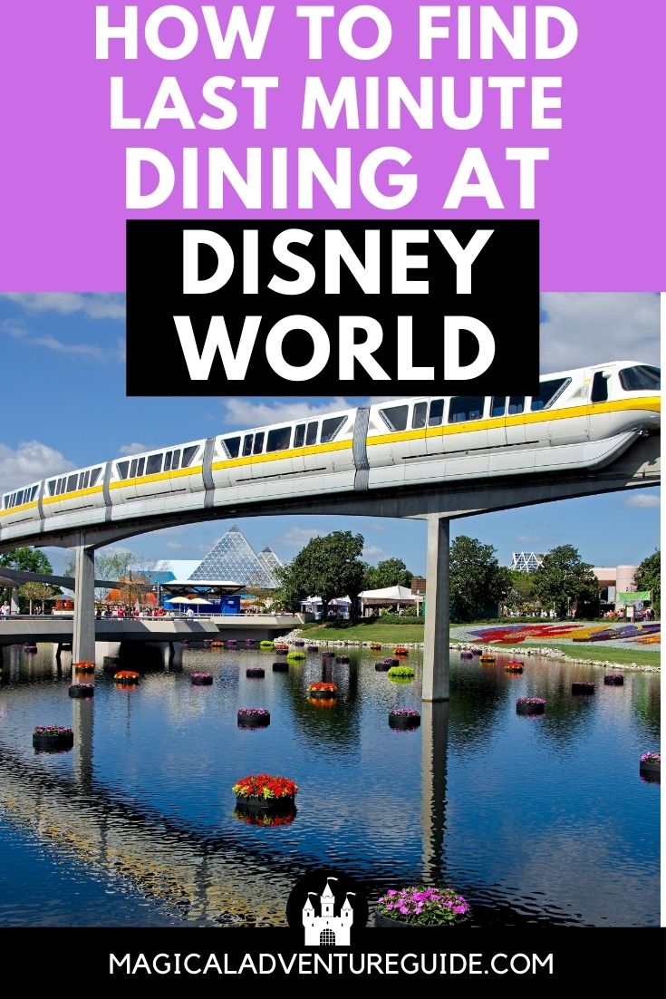 the monorail traveling through Epcot, with an overlay that reads, "How to Find Last Minute Dining at Disney World"