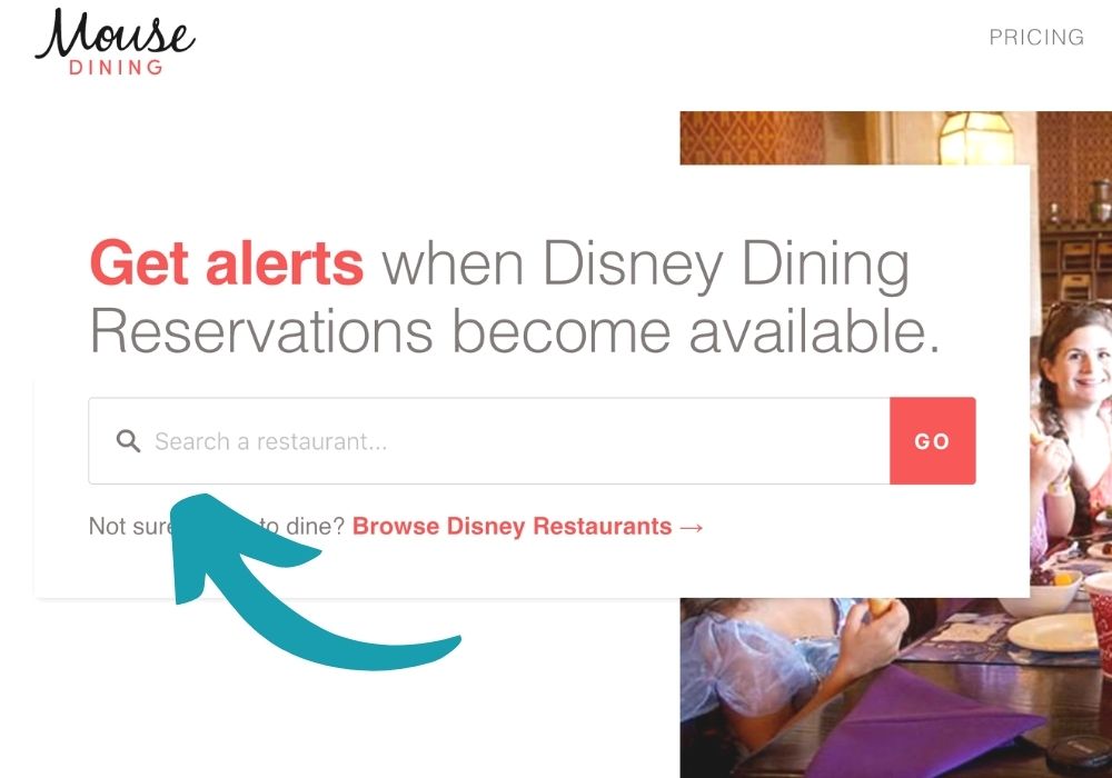 screen shot of MouseDining website, with an arrow pointing to the place wher eyou will search for a restaurant.