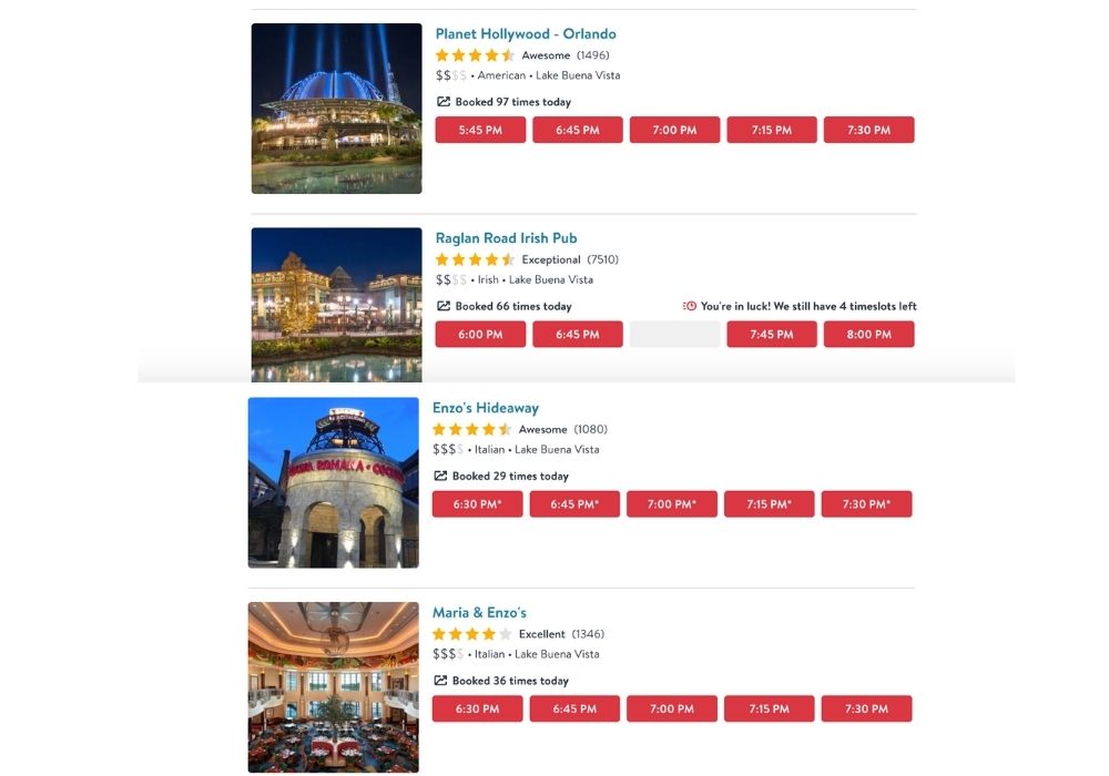 screen shots of Disney springs restaurant results on Open Table