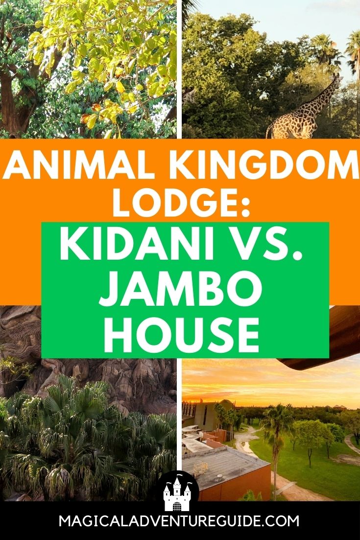 collage image of three different animal kingdom lodge views, with an overlay that reads, "Animal Kingdom Lodge: Kidani Village vs. Jambo House"
