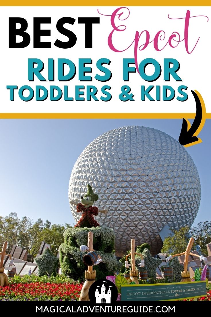 Spaceship Earth in the background, with a Mickey topiary in the foreground. An overlay reads, "Best Epcot Rides for Toddlers & Kids"