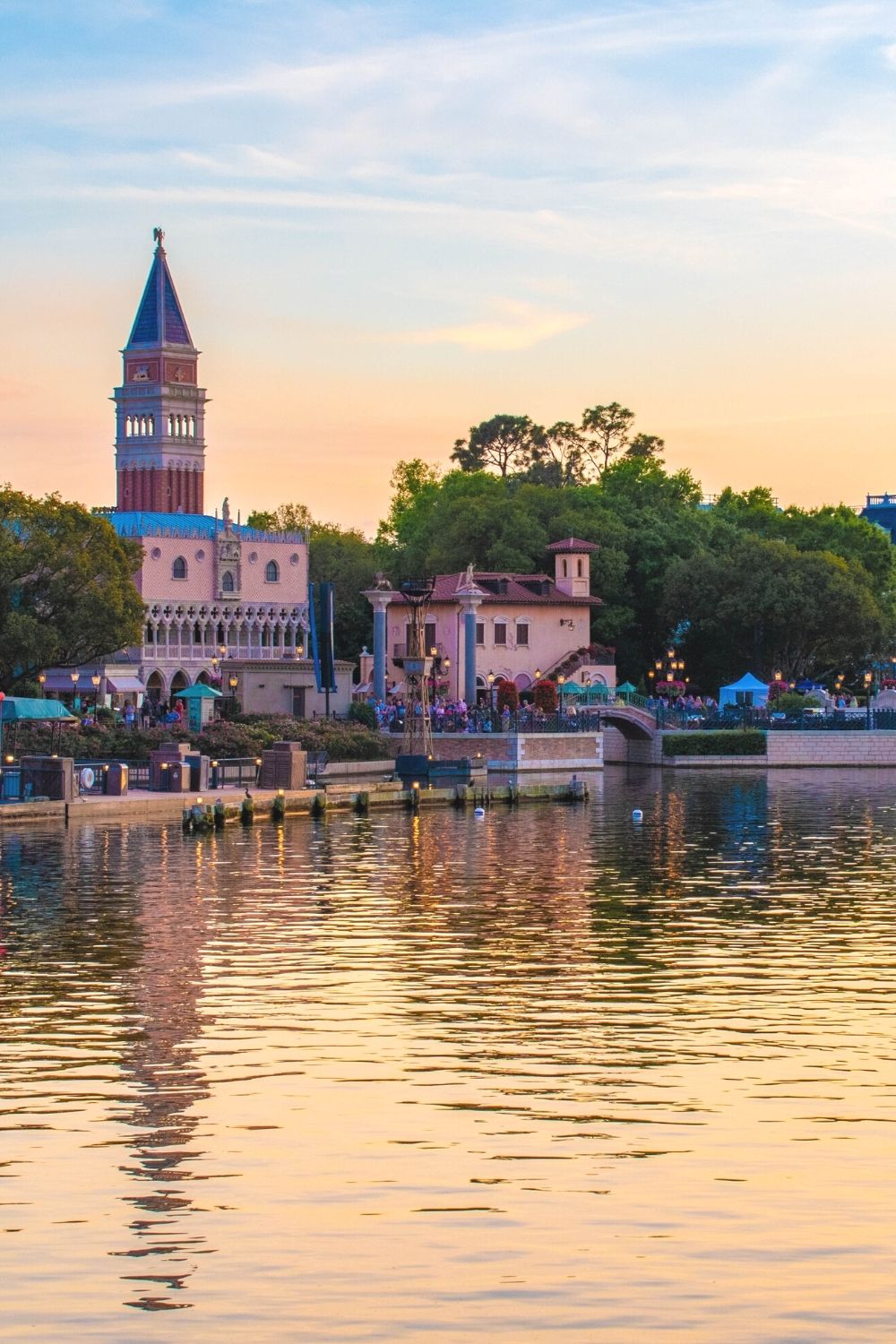 the Italy pavilion at Epcot in Disney World at sunset