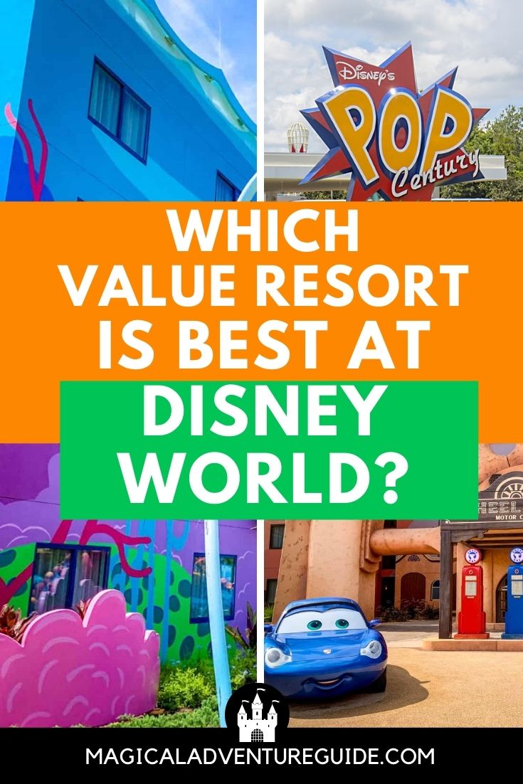 collage image featuring various photos from Art of Animation vs Pop Century hotels at Disney World