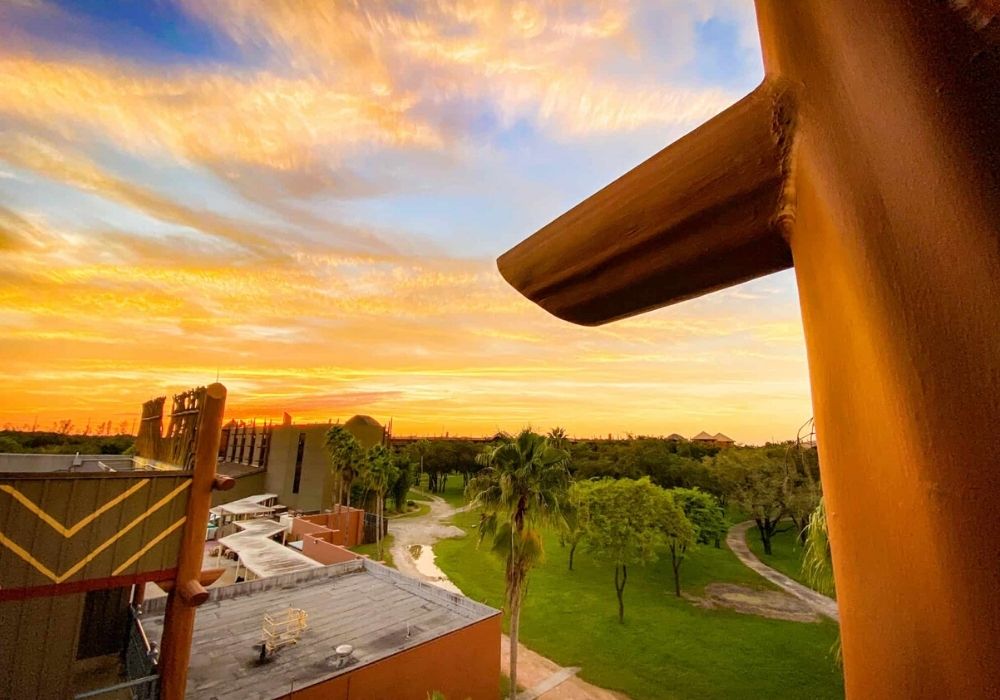 sunset at the Animal Kingdom Lodge in Disney World, overlooking the savanna view