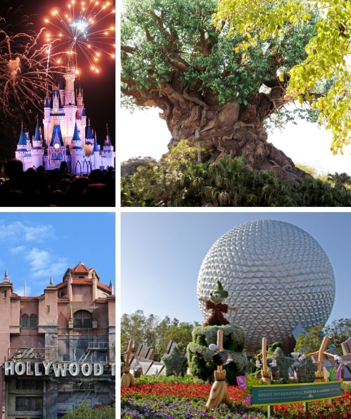 collage image featuring four photos of Disney Parks, including Magic Kingdom, Animal Kingdom, Hollywood Studios, and Epcot