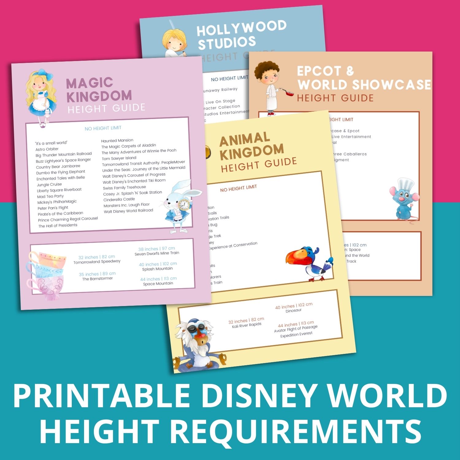 mockup of printable height requirements list for Disney World rides