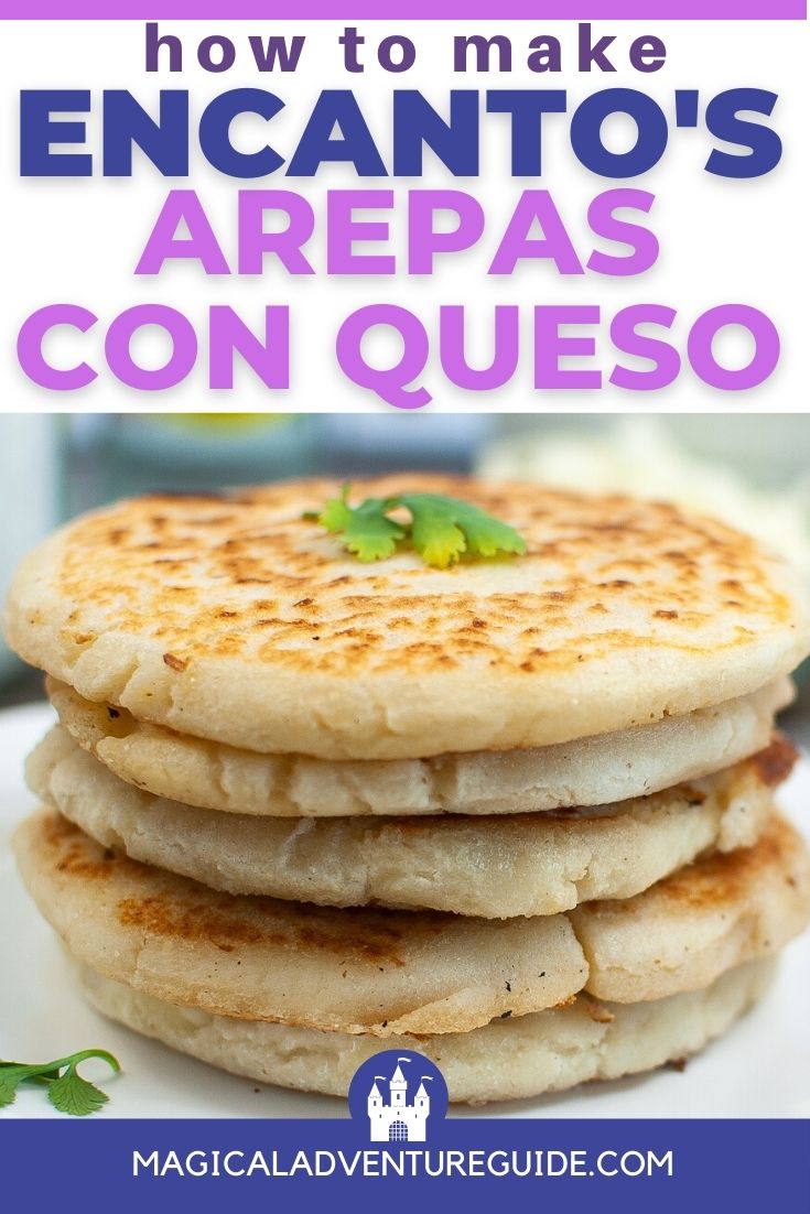 a stack of arepas con queso similar to what Julieta makes in the Disney movie, Encanto. An overlay reads, "how to make Encanto's arepas con queso"