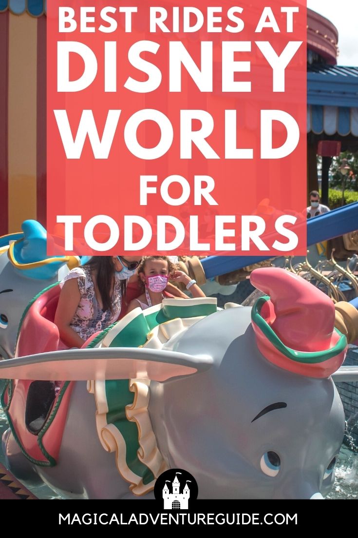 a mother and daughter ride the Dumbo the Flying Elephant ride at Disney World. An overlay reads, "Best Rides at Disney World for Toddlers"