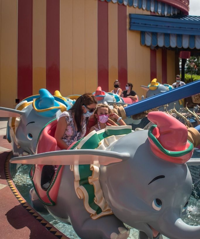 a mother and daughter on the Dumbo ride at Magic Kingdom
