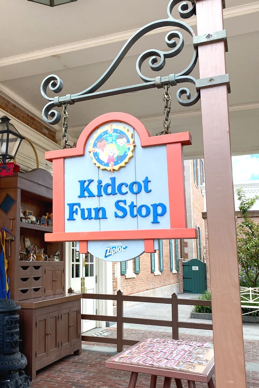 A sign for the Kidcot Fun Stop in the America Pavilion at Epcot