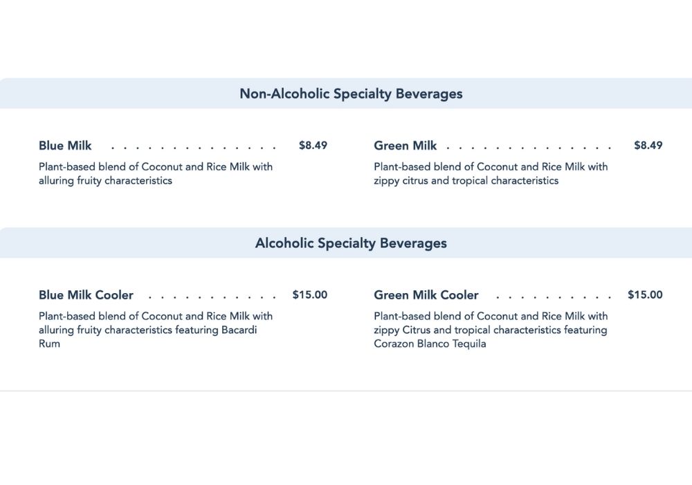 screen shot of the menu at Galaxy's Edge Milk Stand, showing the descriptions of blue milk and green milk