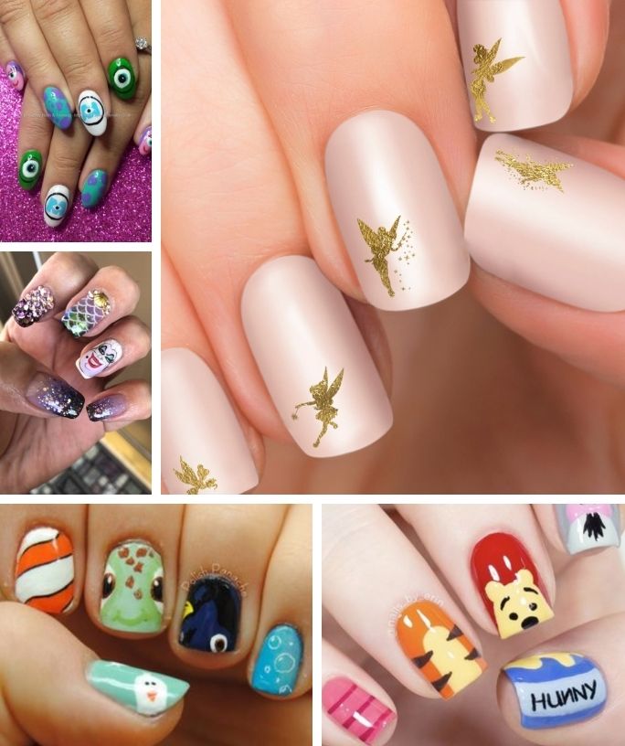 collage image featuring five different Disney nail designs