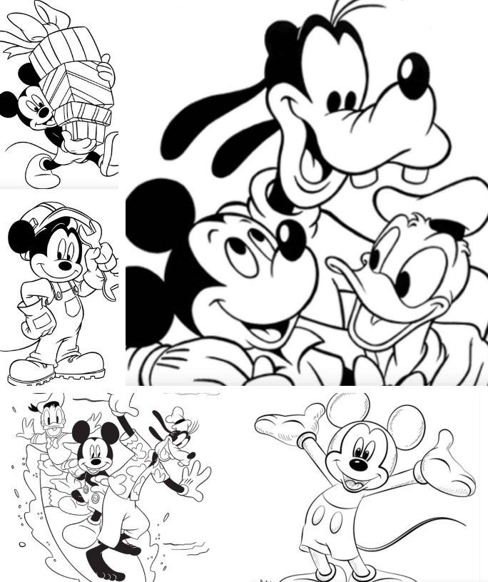 collage of five different Mickey Mouse coloring sheets