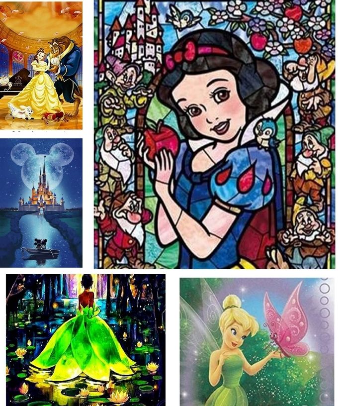 collage image featuring five photos of Disney diamond painting images