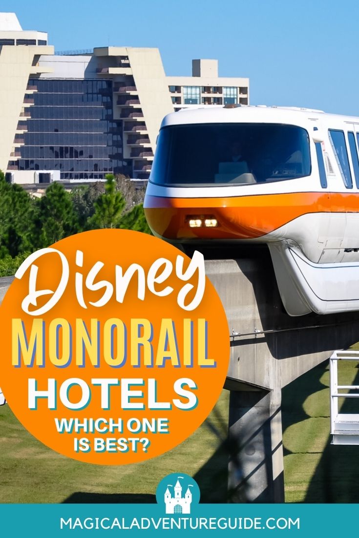 the Disney monorail orange train passes in front of the Contemporary Resort. An overlay reads, "Disney Monorail Hotels: Which One is Best?"