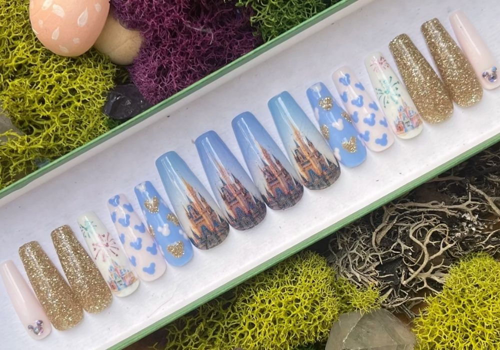Disney Magic Kingdom-themed press-on nails celebrating the 50th anniversary of Walt Disney World