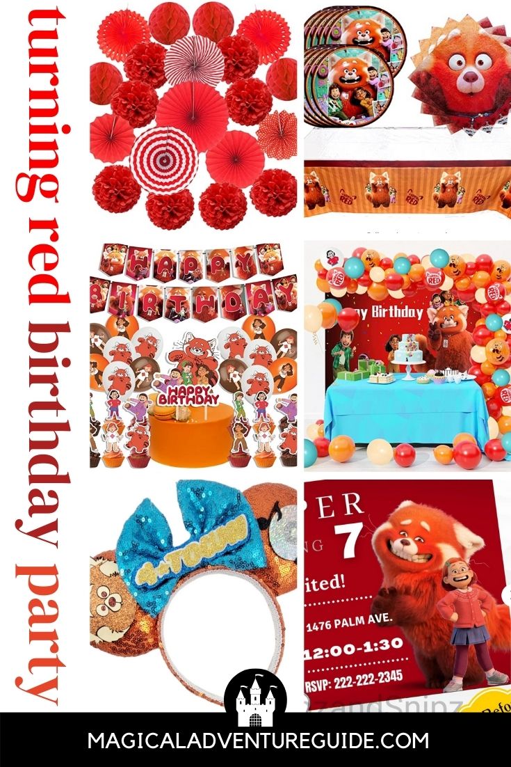 collage image featuring various photos of different decor, invitations, and favors for a Turning Red themed birthday party
