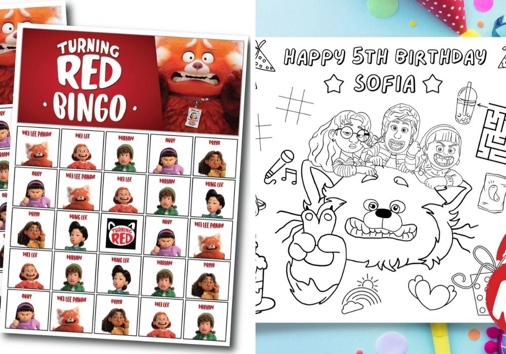 collage image showing Turning Red Bingo and a personalized Turning Red placemat activity sheet for a birthday party