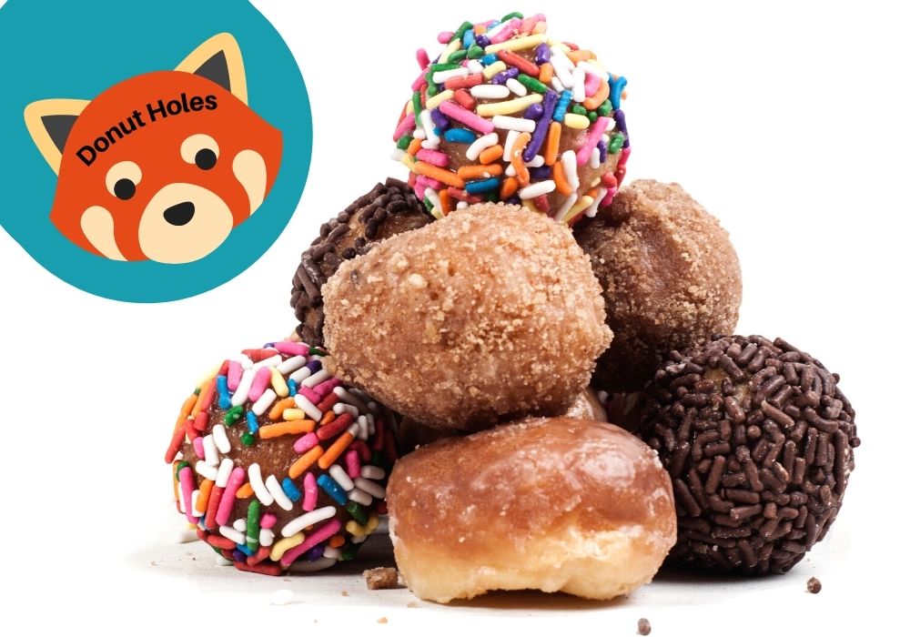 a stack of donut holes, similar to the food shown in Turning Red. A red panda icon reads "donut holes"