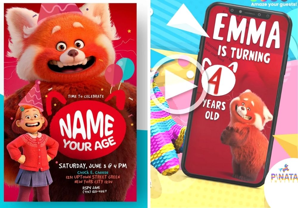 collage image featuring two Turning Red birthday party invitation options