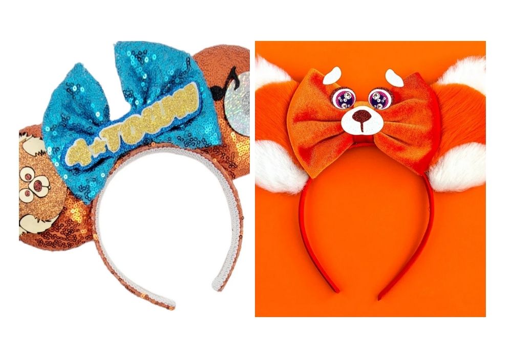 collage image showing two different sets of Turning Red ears in handband form