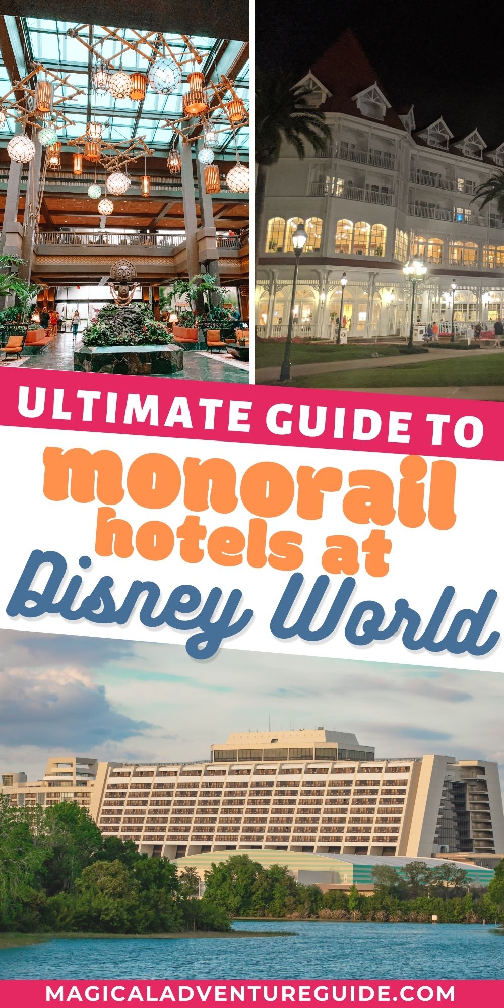 collage image featuring photos of the three Disney monorail hotels, including the Polynesian, Grand Floridian, and Contemporary resorts. An overlay reads, "Ultimate Guide to Monorail Hotels at Disney World"