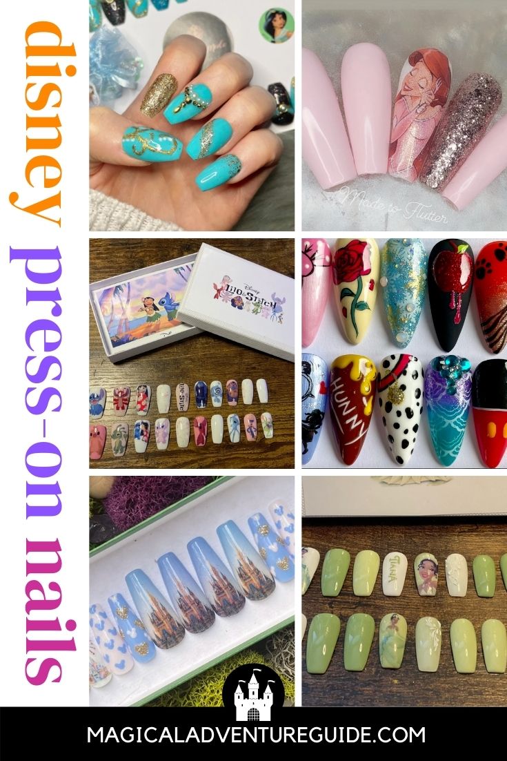 collage image featuring various Disney nail designs for press-on nails