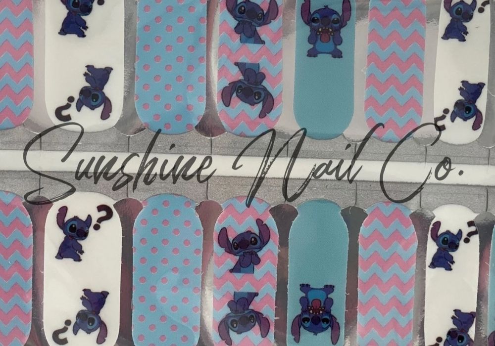 Stitch nail decals with blue, pink, and white backgrounds