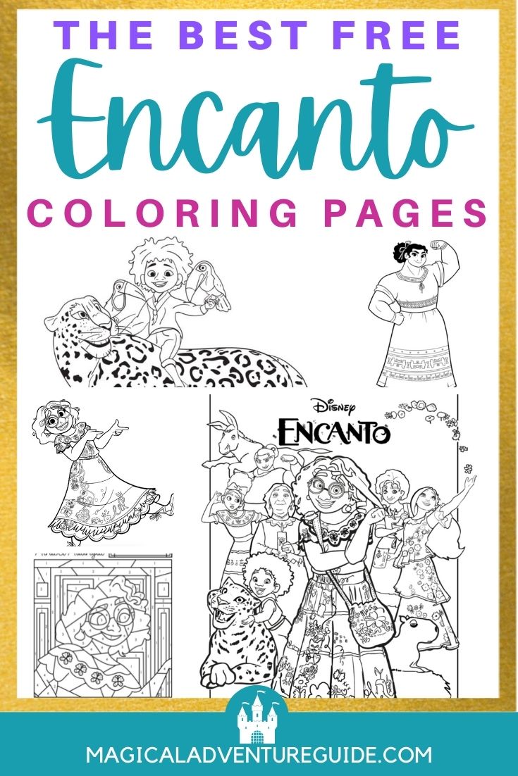 collage image featuring various photos of Encanto coloring pages featuring different characters from the movie.