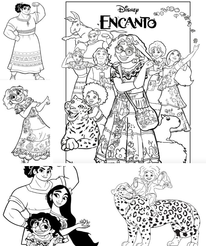 collage image of various Encanto coloring pages, each featuring characters from the movie